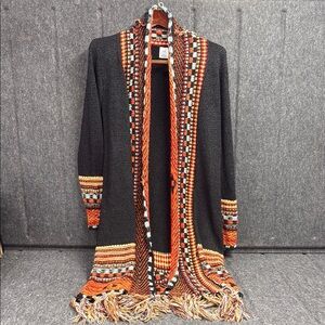Black and Orange Ethnic Cardigan with Fringe
